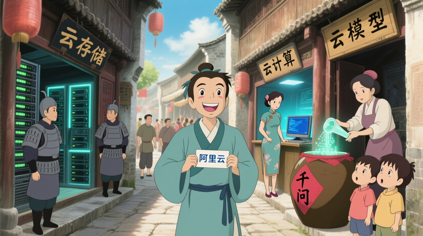 Miyazaki anime style ancient Chinese street scene with perfect Chinese text rendering including shop signs for cloud storage, cloud computing, and AI models
