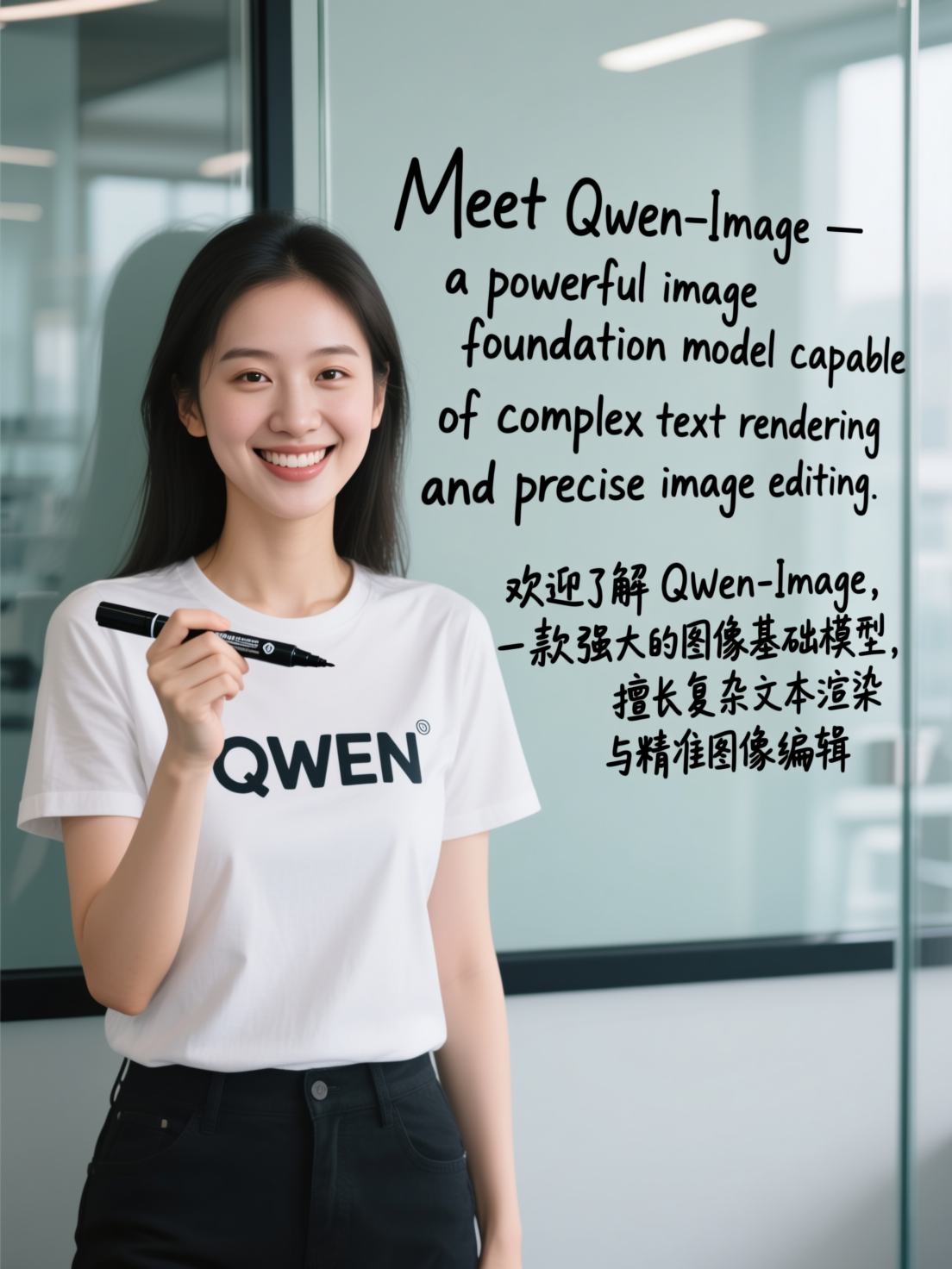 Bilingual QWEN presentation featuring seamless English-Chinese text integration on professional glass board with presenter