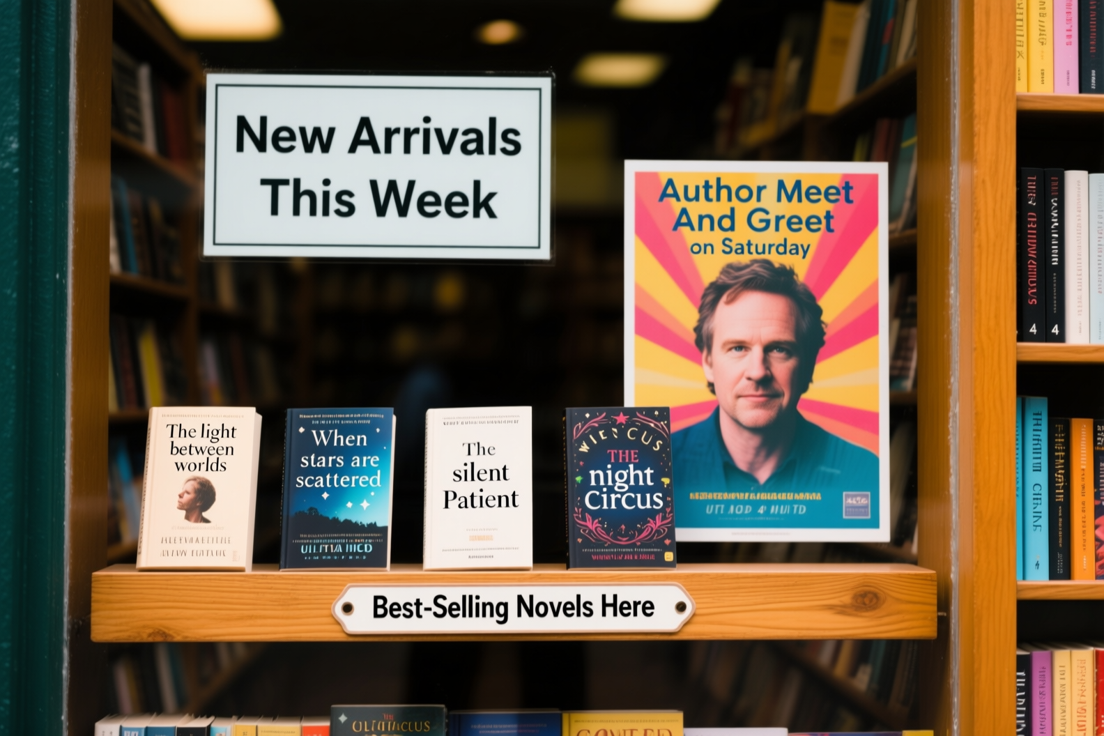 Bookstore window display with accurate English text rendering including 'New Arrivals This Week', 'Best-Selling Novels Here' and specific book titles