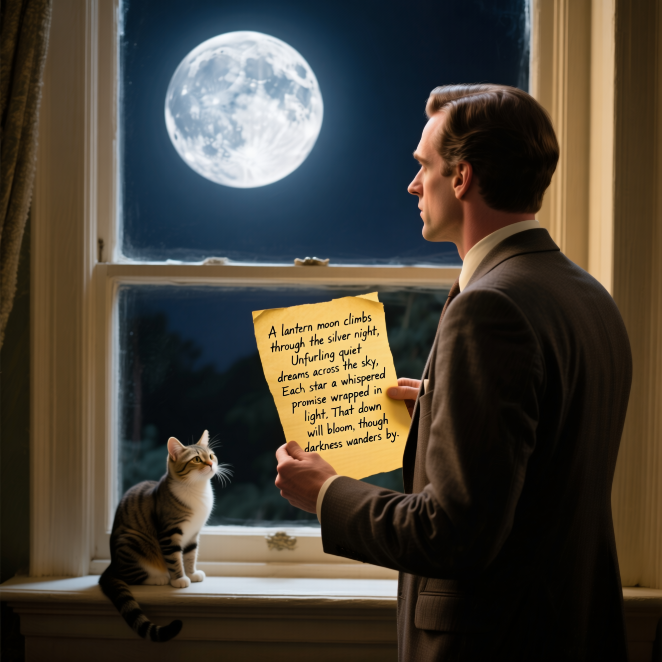 Atmospheric moonlight scene with man in suit reading handwritten poetry by window, featuring a cat on windowsill and detailed text rendering