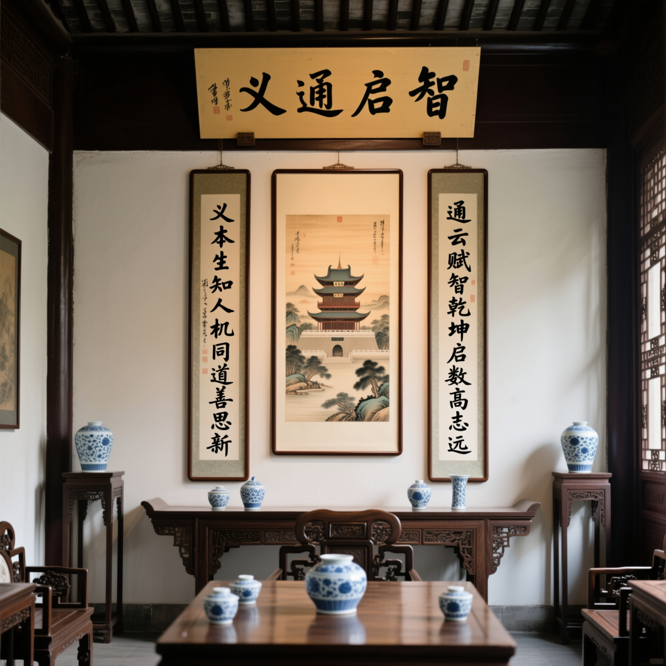 Traditional Chinese study room with elegant calligraphy scrolls, blue and white porcelain, classical furniture, and authentic cultural atmosphere